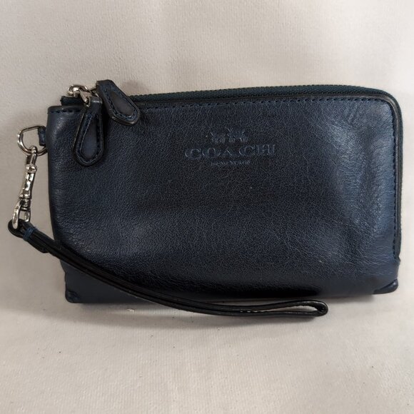 Coach Park Wristlet Metallic Blue Leather Pebbled F64130 Double Zipper Strap - Picture 1 of 16